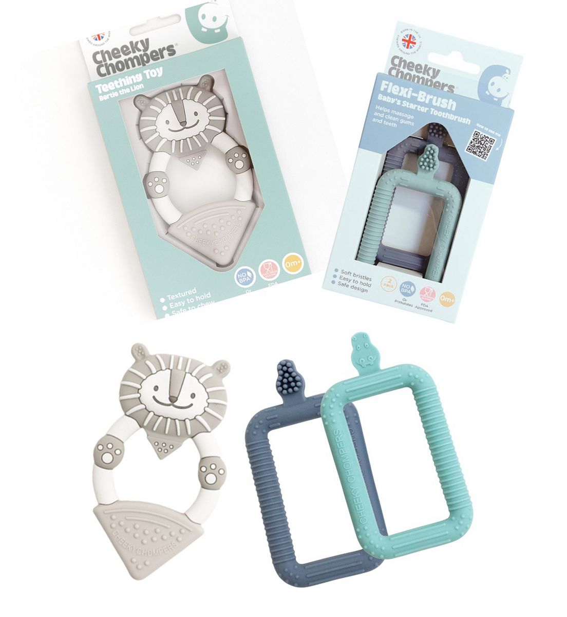 Cheeky Chompers Teething Brush & Chew - Neckerchew Flexibrush Starter Toothbrush 2 Pack-Bertie The Lion