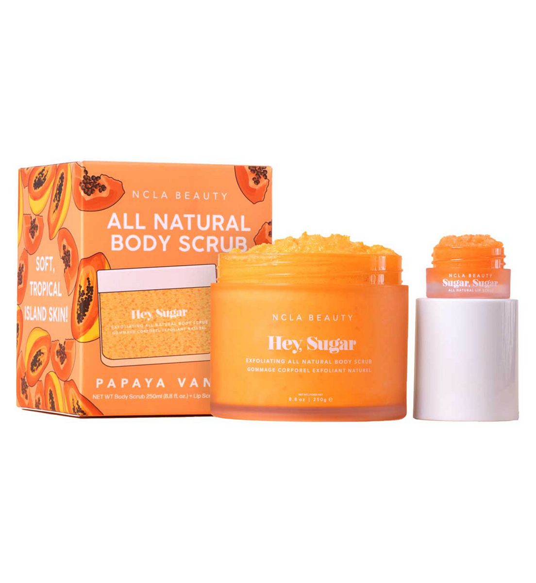 NCLA Beauty Ncla Hey Sugar Papaya Vanilla Lip & Body Scrub 2 Pcs Set - 5Ml Mini +250 Ml Scrub, 250ml